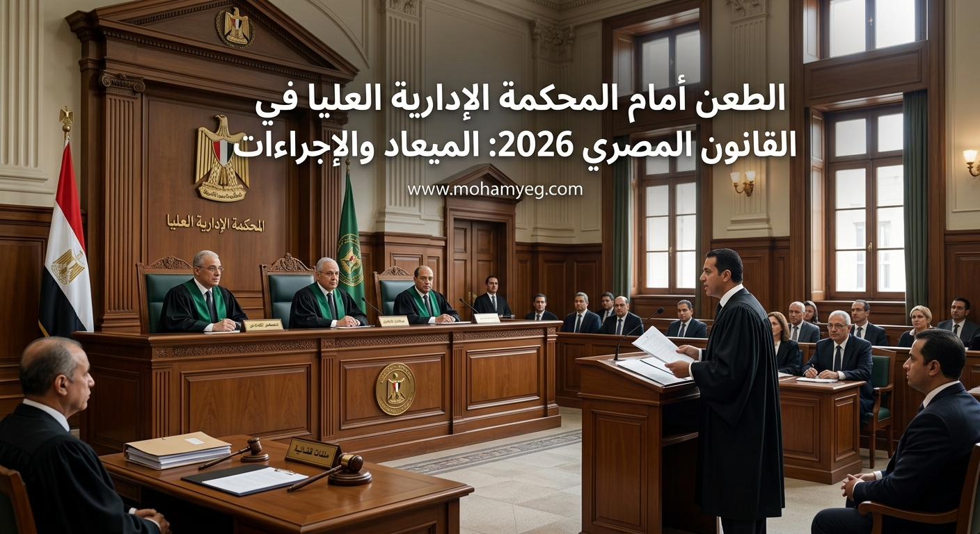 انشئ صورة تصلح لمقال قانوني لموقع www.mohamyeg.com مع إضافة هذا العنوان الطعن أمام المحكمة الإدارية العليا في القانون المصري 2026 الميعاد و
